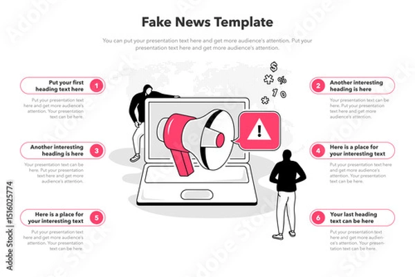 Fototapeta Simple infographic template for fake news. 6 stages template with a laptop computer and a megaphone with manipulated information.