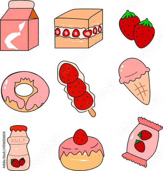 Fototapeta Cute Strawberry Dessert Food Vector Set – Hand-Drawn Cartoon Style Icons of Donut, Ice Cream, Milk, Cake, Yogurt, Candy, and Fruit for Menu, Sticker, or Kids Design Projects