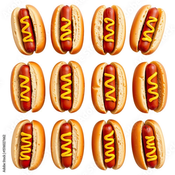 Fototapeta Multiple Classic Hot Dogs with Mustard in a Grid Arrangement for Food Background or Menu Design
