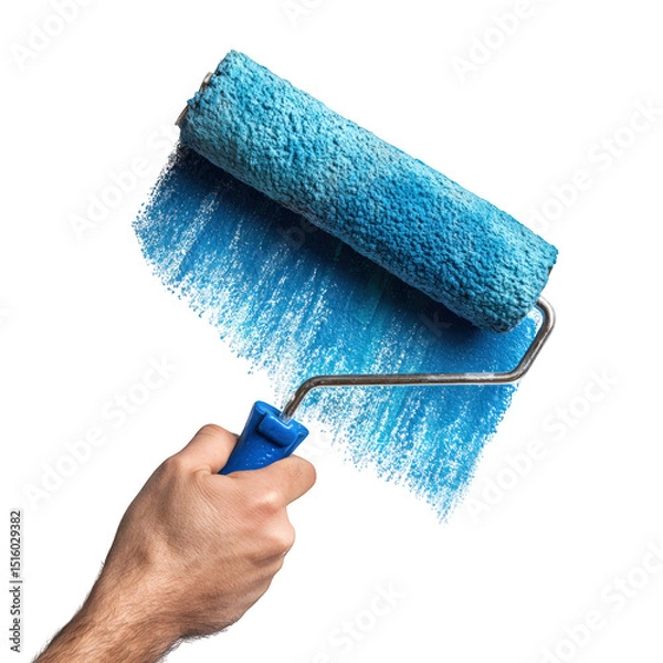 Fototapeta Closeup of hand holding paint roller, applying vibrant blue paint on surface. texture of roller and vivid color create engaging visual, perfect for home improvement themes