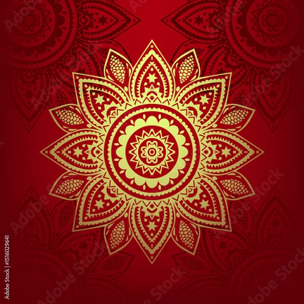 Fototapeta Red color mandala, gold color mandala background design, Islamic traditional background, use to social media post, cover, frame, border for religious event