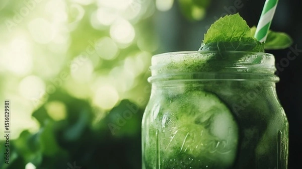 Fototapeta Invigorating cucumber and mint infused water captured in a mason jar
