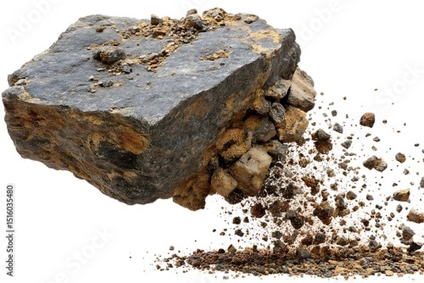 Fototapeta a boulder fragment breaking off under avalanche pressure, detailed stone textures and debris suspended crisply against pure