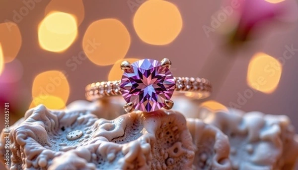 Obraz a ring with a prominent pink diamond, likely an emerald cut stone, set in a gold tone metal