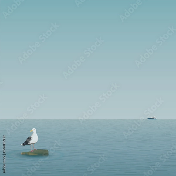 Obraz Minimalist seascape have a seagull on a bottle of liquor floating in the middle of the sea have a yacht far away graphic illustration square template.