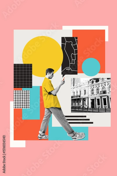 Fototapeta Conceptual art collage. City navigation shows man walking with smartphone, abstract map layers and city collage in background. Retro pixel style. Concept of digital travel, city guide, urban walking