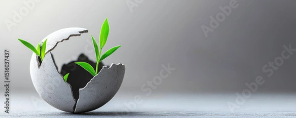 Fototapeta A cracked eggshell with green sprouts growing from it, symbolizing new beginnings and growth on a neutral background.