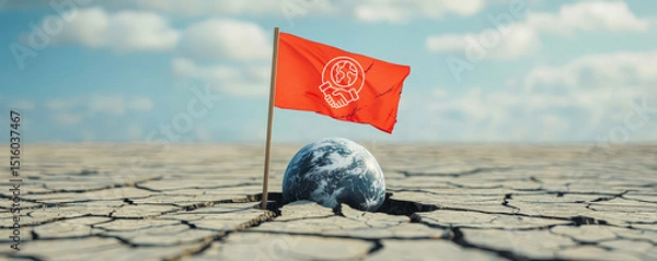 Fototapeta A cracked, dry earth with a small globe trapped in the ground, marked by a red flag symbolizing unity and environmental concern.
