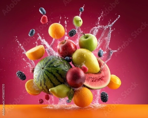 Fototapeta Colorful Fruits Suspended in Mid-Air With Splashing Water, Showcasing Freshness and Healthy Eating for Food Advertising and Nutrition Campaigns : Generative AI