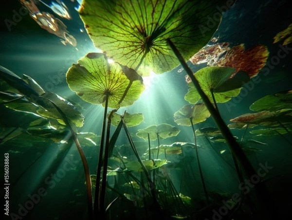 Fototapeta Underwater Lily Pads Bathed in Sunlight, Representing Serenity and Environmental Awareness for Conservation Projects and Nature Documentaries : Generative AI