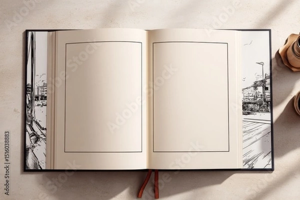 Fototapeta Open Sketchbook with Blank Pages and Coastal Town Illustrations, Representing Creative Writing and Travel Journaling for Vacation Planning : Generative AI