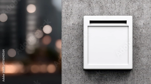 Fototapeta Image shows white, modern mailbox mounted concrete wall with blurred cityscape background, creating sleek urban aesthetic