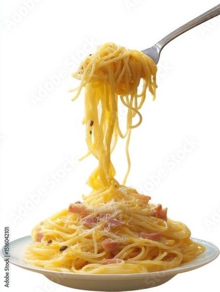 Fototapeta Fork Lifting Carbonara Pasta in Studio Shot, Representing Culinary Arts and Food Presentation for Restaurant Menu Design and Recipe Inspiration : Generative AI