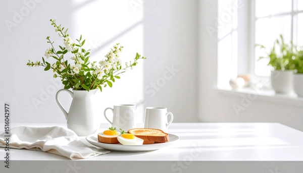 Fototapeta Breakfast plate with eggs and toast, coffee cups, and flowers on a white table in a sunlit room.
