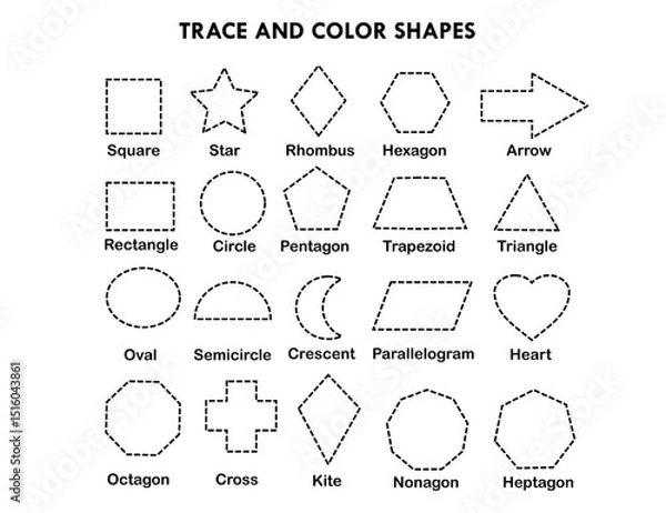 Obraz Trace and color the shape.Worksheet for kids or preschool for practice.Learning for children.Kindergartens game or activities.Geometric figures.School, teacher and student.Vector illustration.