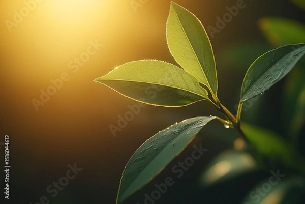 Fototapeta A glowing dew drop clings to a green leaf at sunrise, captured in perfect macro focus, radiating purity and calm through minimalist, high-end visual storytelling.