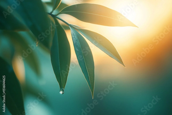 Fototapeta A glowing dew drop clings to a green leaf at sunrise, captured in perfect macro focus, radiating purity and calm through minimalist, high-end visual storytelling.