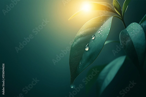 Fototapeta A glowing dew drop clings to a green leaf at sunrise, captured in perfect macro focus, radiating purity and calm through minimalist, high-end visual storytelling.