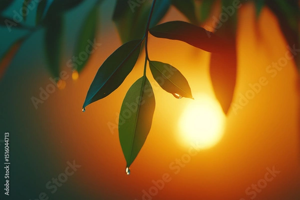 Fototapeta A glowing dew drop clings to a green leaf at sunrise, captured in perfect macro focus, radiating purity and calm through minimalist, high-end visual storytelling.