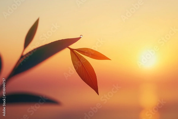 Fototapeta A glowing dew drop clings to a green leaf at sunrise, captured in perfect macro focus, radiating purity and calm through minimalist, high-end visual storytelling.