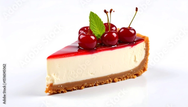 Fototapeta Slice of cheesecake topped with cherry glaze and fresh cherries on a white background.