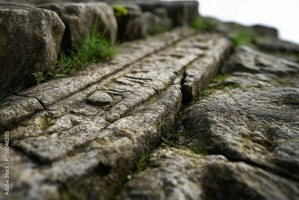 Obraz Ancient Stone Carvings with Moss and Grass