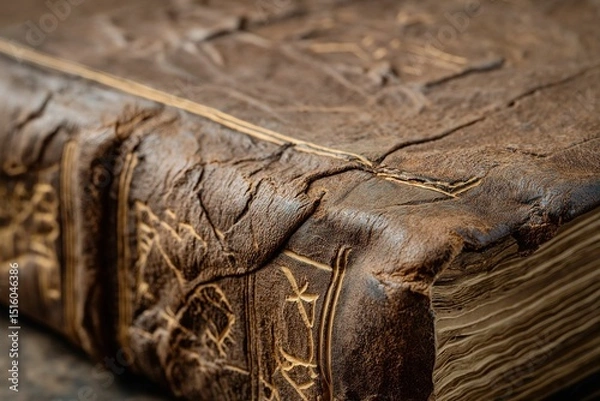 Obraz Close-up of an antique leather-bound book with intricate detailing.