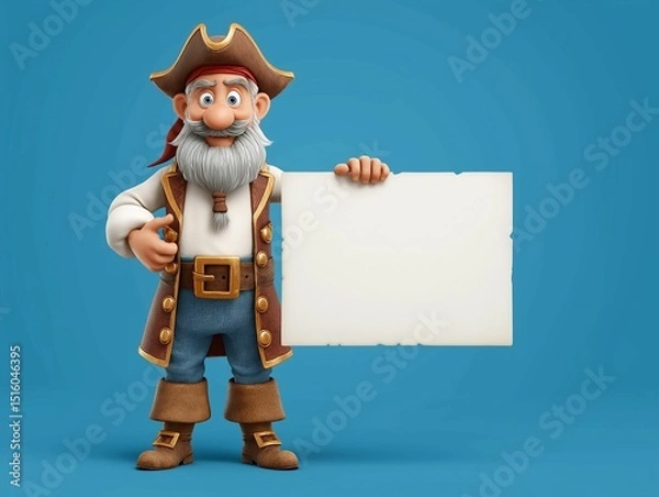 Obraz Cartoon pirate with blank sign on blue background.