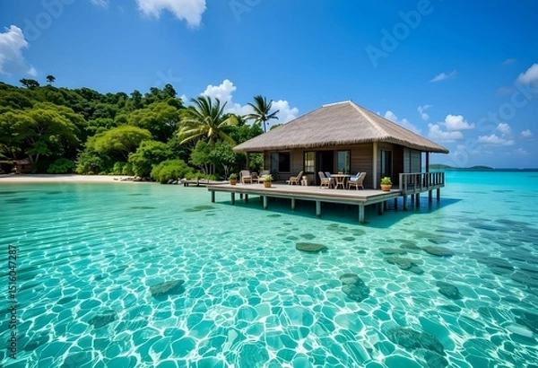 Obraz overwater thatched villa above clear turquoise water, with pier connecting to sandy beach and palm-covered island
