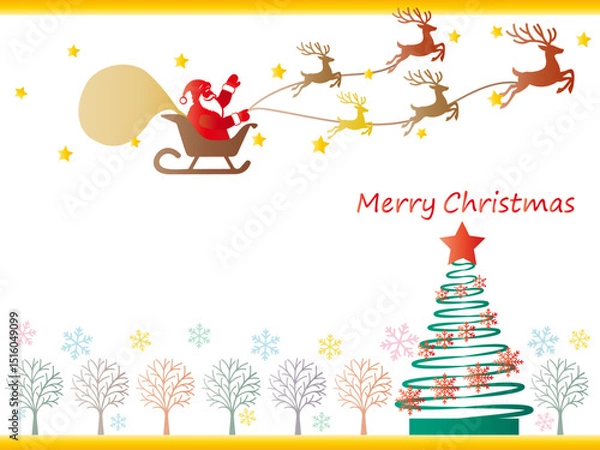 Obraz クリスマス■空飛ぶサンタクロース＆キラキラなツリーのクリスマスカード