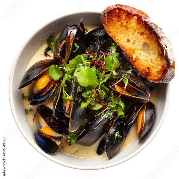 Fototapeta A bowl of mussels cooked in white wine sauce, garnished with fresh herbs and a slice of toasted baguette on the side, isolated with a white background.