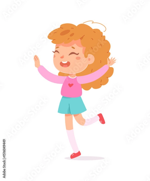 Obraz Happy girl with curly orange hair, wearing pink shirt with heart, blue skirt, and red shoes. Smiling child character with raised hands on white background, dancing or celebrating. Vector illustration.
