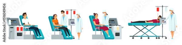 Obraz Blood donation process. Medical staff assisting donors during blood collection in clinic. People sitting in chairs or lying on bed, connected to donation machines. Vector illustration.