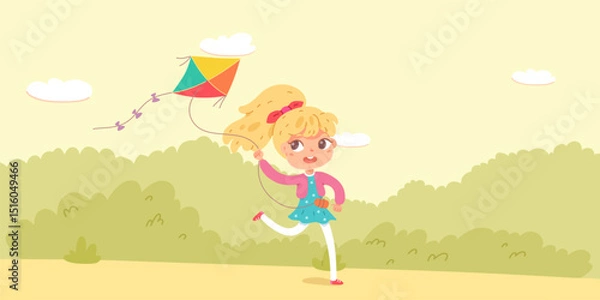 Obraz Girl playing in park. Kids at playground. Child with flying kite. Outdoor summer activities in backyard. Cartoon vector illustration.