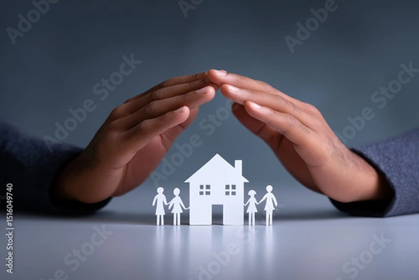 Fototapeta Two hands form a roof over a tiny paper family on a pure white backdrop, symbolizing protection and trust in a sleek, minimalist visual perfect for insurance or fintech branding.