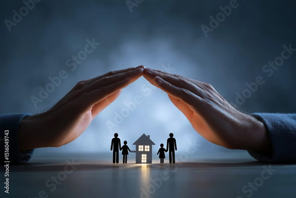 Fototapeta Two hands form a roof over a tiny paper family on a pure white backdrop, symbolizing protection and trust in a sleek, minimalist visual perfect for insurance or fintech branding.