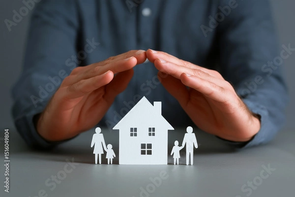 Fototapeta Two hands form a roof over a tiny paper family on a pure white backdrop, symbolizing protection and trust in a sleek, minimalist visual perfect for insurance or fintech branding.