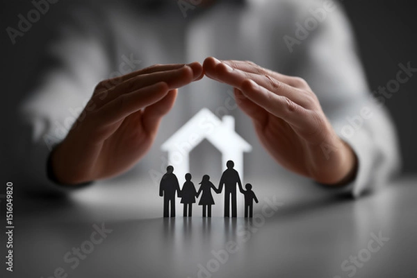 Fototapeta Two hands form a roof over a tiny paper family on a pure white backdrop, symbolizing protection and trust in a sleek, minimalist visual perfect for insurance or fintech branding.