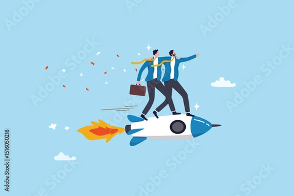 Obraz Co-founder to start company, partnership or teamwork to success together, cooperation or collaboration colleagues, agreement or trust concept, business partner riding rocket to success together.