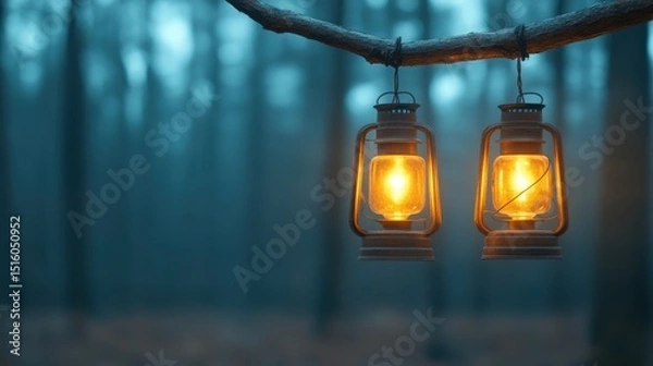 Fototapeta Two vintage lanterns glow warmly as they hang from a tree branch, creating a captivating light in the misty forest ambiance. The scene evokes mystery and adventure.