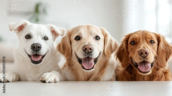 Fototapeta Three cheerful dogs sit together in a well-lit room, showcasing their playful personalities and joy. Their expressions of happiness are sure to warm any pet lover's heart.