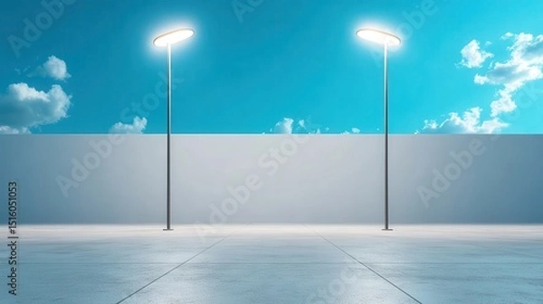 Fototapeta An empty urban space under a bright blue sky with two glowing street lamps creating an atmosphere of tranquility and solitude, emphasizing modern architecture's aesthetics.