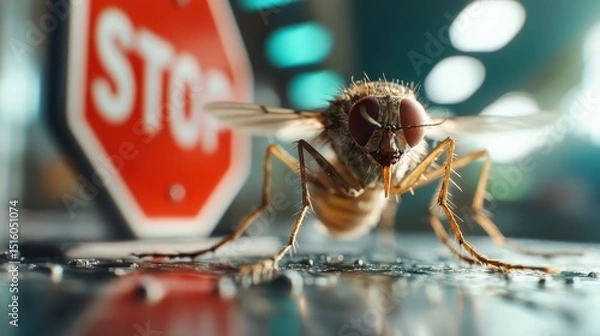 Fototapeta A detailed macro shot of a fly in front of a red stop sign, symbolizing the intersection of nature and urban life, showcasing unique photography perspectives in focus.