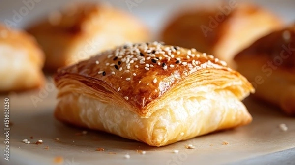 Fototapeta A delectable golden puff pastry square adorned with sesame seeds, resting elegantly on a light surface, inviting you with its flaky and buttery texture for a perfect snack.