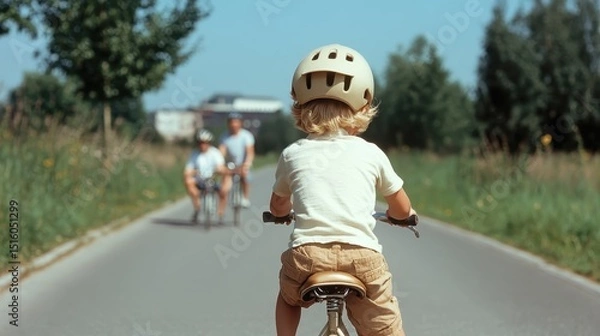 Obraz A cheerful young child riding a bicycle on a sunny path, enjoying a beautiful day outdoors alongside family members, embodying the essence of childhood joy and freedom.