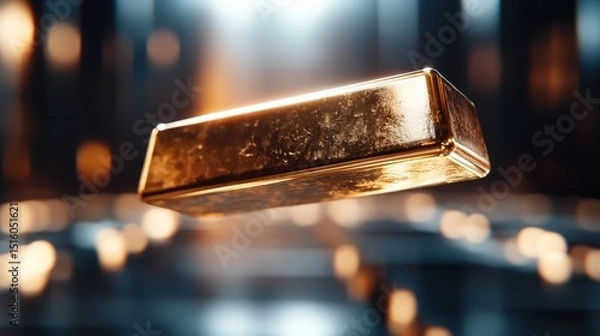 Obraz A gleaming gold bar appears to float in a futuristic environment, showcasing luxury and opulence while captivating viewers with its striking visual appeal.