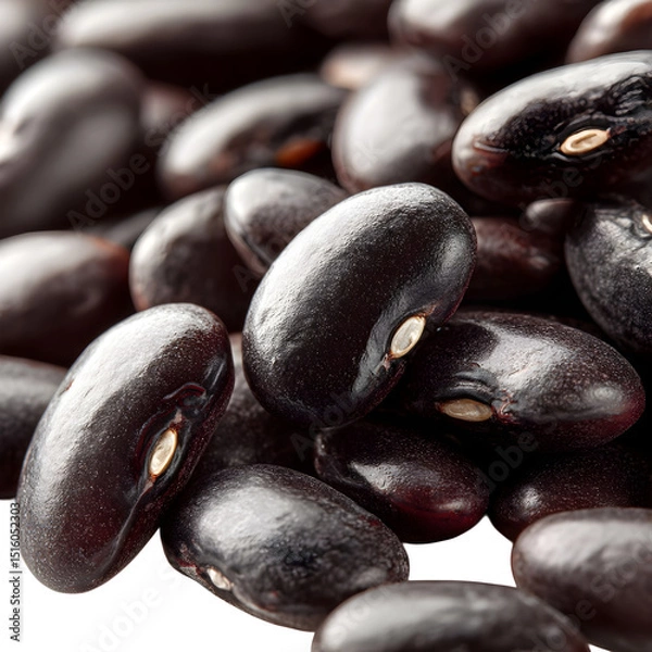 Fototapeta A close-up of black beans with a smooth surface, isolated on white, high-resolution macro shot.