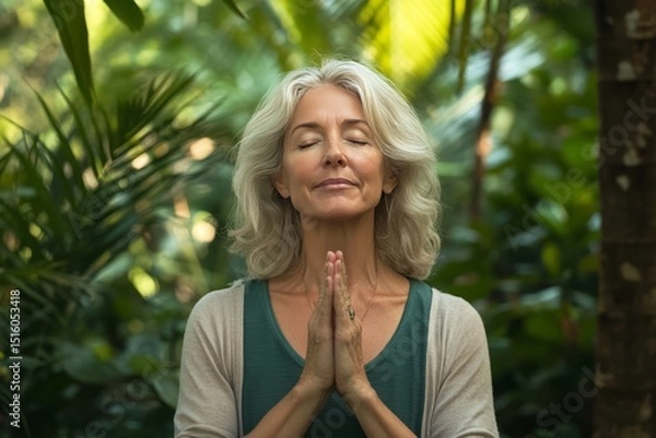Fototapeta A middle aged Caucasian women clasped her hands together in front of her chest, in a peaceful pose, serene,  contemplative and  peaceful, evoking a sense of tranquility and well-being
