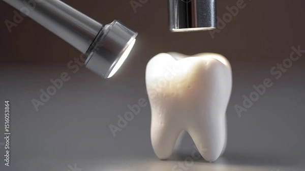Fototapeta A focused light beam shines down onto a healthy molar tooth resting on a neutral surface, showcasing its texture and shine. The scene emphasizes dental health and care