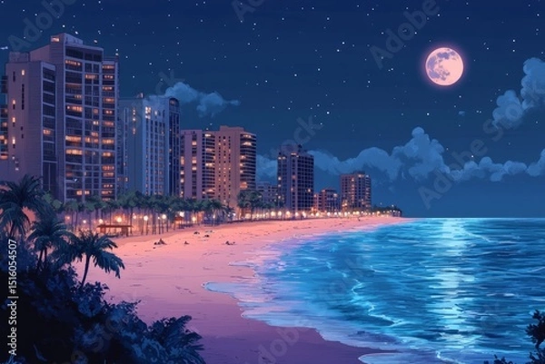 Fototapeta A nighttime city beach scene,anime or manga style. High-rise buildings line the shore, illuminated with soft, warm lights. The beach is a pale, sandy color, A moon hangs in the night sky